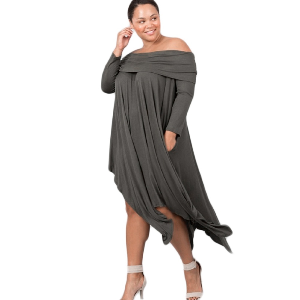 Gray Asymmetrical Strapless Pocket Plus Dress - Picture 2 of 2